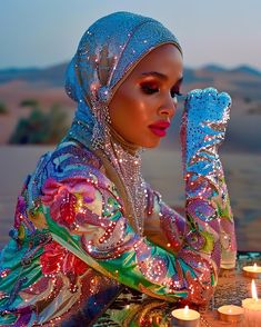 a woman sitting at a table with candles in front of her and wearing a hijab