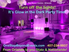 an event with purple lighting and white furniture in the center is featured for this ad