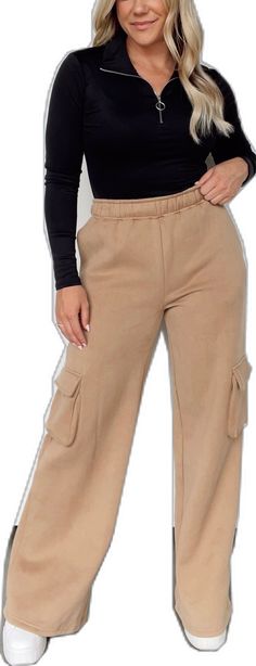 Fall Cargo Pants With Multiple Pockets, High-waist Sweatpants With Side Pockets For Fall, Beige Wide Leg Sweatpants With Side Pockets, Fall Straight Cargo Pants, Trendy Solid Pants With Side Pockets, Trendy Brown Cargo Pants With Cargo Pockets, Trendy Baggy Cargo Pants With Elastic Waistband, Utility Style Sweatpants With Side Pockets For Fall, Fall Cargo Pants With Elastic Waistband And Relaxed Fit