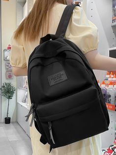 Preto Unissex Collar  Tecido Letra  Embellished   Bolsa Feminina Plain Black Backpack, Cute Black Backpack, Black Backpack School, Mens Backpack Fashion, Beautiful Backpacks