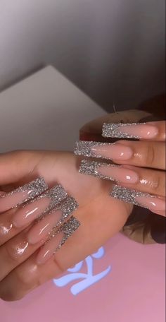 Nails Acrylic Long, Nails For Prom, Sliver Nails, Silver Acrylic Nails, Prom Nails Silver, Exotic Nails, Acrylic Nails Coffin Pink