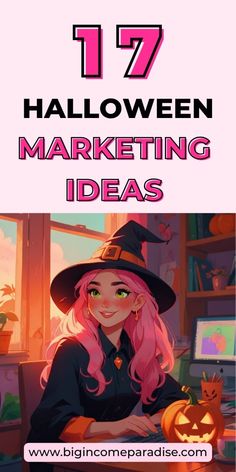 a girl with pink hair wearing a witches hat and holding a pumpkin