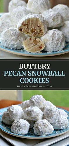 a plate full of snowball cookies with the words buttery pecan snowball cookies