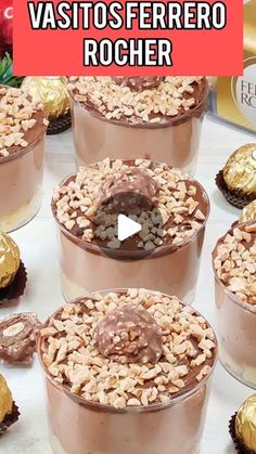 several desserts with chocolate frosting and nuts in them on a white counter top