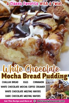 white chocolate mocha bread pudding on a plate