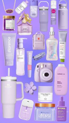 a purple background with many different types of cosmetics and personal care products on it's side