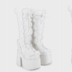 -White Fur Platform Winter Boots -Dolls Kill Demonia Brand -New With Tags And Box, Never Worn -Women’s Size 9 White Platform Boots, High Platform Boots, Demonia Boots, Fluffy Boots, Knee High Platform Boots, Dolls Kill Shoes, Demonia Shoes, Dr Shoes, Cute Shoes Heels