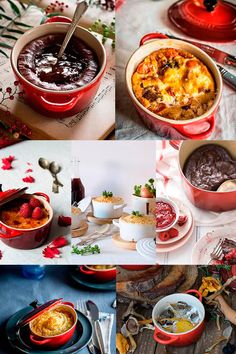 several different pictures of food and desserts in red dishes