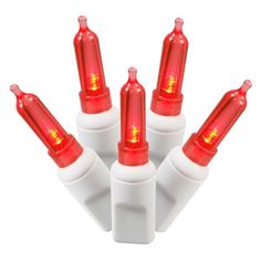 four red and white light bulbs on top of each other