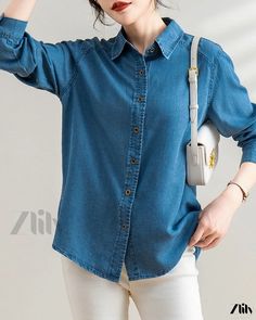 Zlily - Loose-Fit Denim Shirt with Stylish Design – Lightweight Outerwear Non-stretch Long Sleeve Denim Tops, Non-stretch Denim Blue Trendy Tops, Denim Tops Suitable For Fall, Denim Tops For Fall, Trendy Solid Color Denim Tops, Dark Wash Long Sleeve Blouse With Relaxed Fit, Dark Wash Long Sleeve Relaxed Fit Blouse, Fitted Denim Shirt, Sleeve Stencil