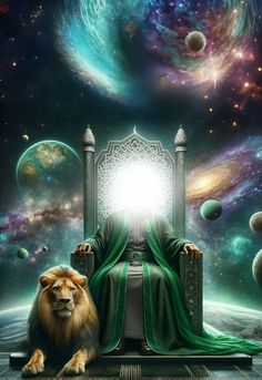 a lion is sitting on a throne in the middle of space