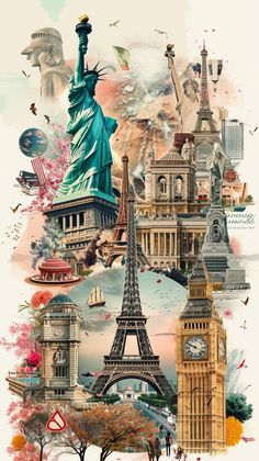 the statue of liberty is surrounded by famous landmarks