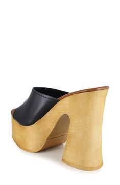 A woodgrain platform and soaring block heel lend scene-stealing height and retro-cool appeal to a slide sandal that will elevate your trendsetting looks. 4" heel; 2" platform Leather upper and lining/synthetic sole Made in Spain Spring High Heel Platform Slippers With Wooden Heel, Spring Platform Slippers With Wooden High Heel, Wooden Platform Clogs, Modern Clogs With Wooden Wedge Heel, Modern Open Toe Clogs With Wooden Heel, Wooden Heels With Stacked Heel For Spring, Summer Wooden Stacked Heel Heels, Platform Wood Clogs With Block Heel, High Heel Wooden Clogs For Summer