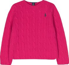 Pink Cable Knit Crew Neck Top, Classic Pink Cable Knit Sweater, Pink Cable Knit Long Sleeve Top, Polo Ralph Lauren Kids, Ralph Lauren Kids, Cable Knit Jumper, Kids Logo, Knit Jumper, Logo Embroidered