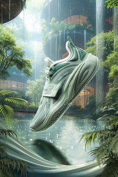 a sneaker is floating in the air over water surrounded by trees and greenery