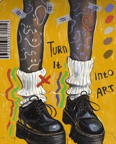 a painting of two legs wearing black shoes with white socks and tattoos on their ankles