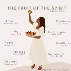 the fruit of the spirit poster is shown in white and features an image of a woman holding