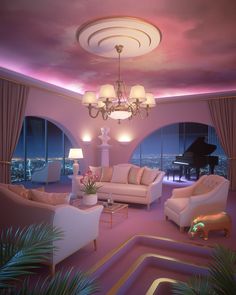 a living room filled with lots of furniture and a chandelier hanging from the ceiling