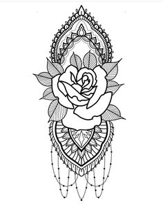 a black and white drawing of a rose with leaves on it's side, in the shape of a dream catcher