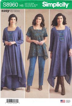 three women's tunics and pants sewing pattern, with the same design on each side