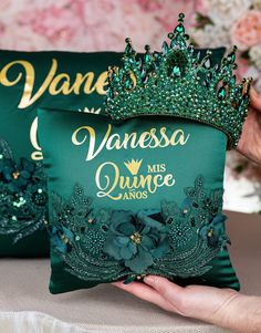 Green quinceanera tiara pillow Emerald Green Quince Crown, Emerald Green Xv, Emerald Green Quinceanera Theme Decor, Sweet 16 Green, Quinceanera Themes Ideas, Emerald Quince, Emerald Green Quinceanera Theme, Quince Crown, Green Quinceanera Theme