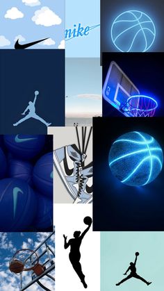 a collage of photos with basketballs and the word nike on it in blue