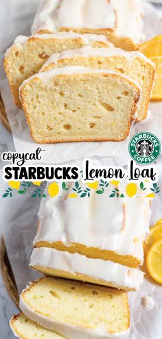 several slices of lemon loaf cake sitting on top of each other with the words, copypaal starbucks lemon loaf