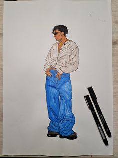 a drawing of a man in blue pants