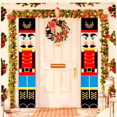 a door decorated with christmas wreaths and nutcrackers for the holiday season