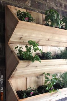 a wooden shelf filled with plants on top of a brick wall