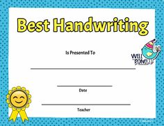 a certificate for best handwritinging with a cartoon character on the front and blue background