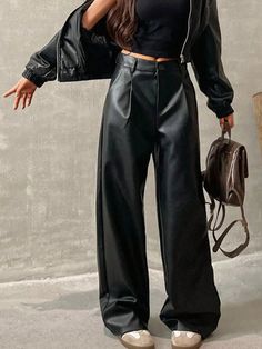 Negro Casual Collar  Tela Liso Pierna recta Embellished No-Elástico Black Leather Pants Outfit, Baggy Pants Women, Business Attire Women, Khaki Skirt, Slim Fit Top, Printed Maxi Skirts