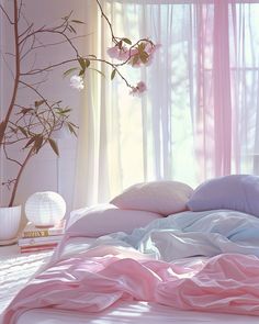 an unmade bed with pink and white sheets