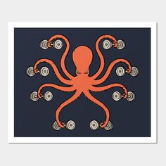 an orange octopus with wheels on it's back in front of a dark background