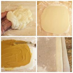 four pictures showing the process of making pizza dough