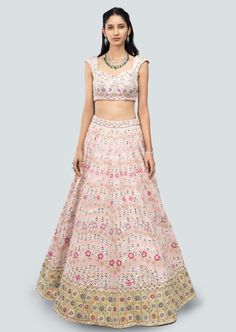 Baby pink embellished heavy kali plastic mirror work raw silk lehenga with broad border lehenga, sleeveless blouse and cutwork border dupatta. Pink Sleeveless Lehenga With Resham Embroidery, Sleeveless Pink Lehenga With Resham Embroidery, Pink Chanderi Dress With Mirror Work, Pink Sleeveless Choli With Resham Embroidery, Sleeveless Pink Choli With Resham Embroidery, Pink Sleeveless Resham Embroidery Choli, Pink Sleeveless Lehenga For Navratri, Embellished Pink Chanderi Traditional Wear, Pink Embellished Chanderi Dupatta