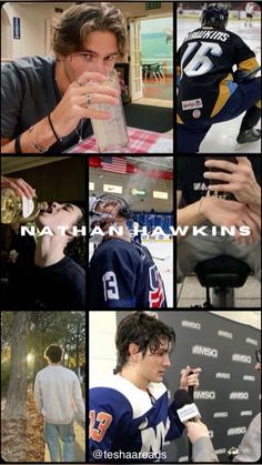 the collage shows many different shots of men in hockey uniforms and drinking from cups