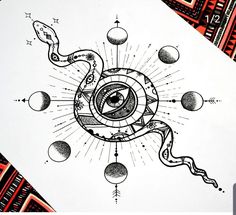 a drawing of an eye surrounded by planets and stars on white paper with red border