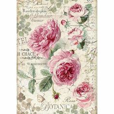 an old fashioned postcard with pink roses on it's side and the words botanical written