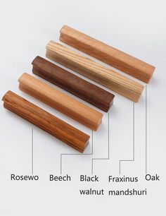 four different types of wooden dows on a white background, labeled in the following words