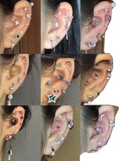 multiple images of different ear piercings with stars and moon designs on them, all in various colors