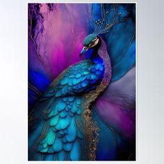 a blue and purple bird with feathers on it's back poster print by artmagert