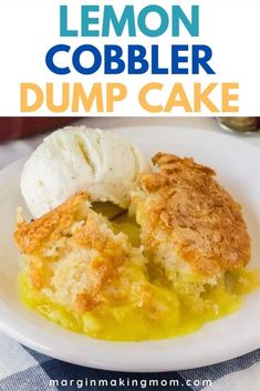 lemon cobbler dump cake on a white plate with ice cream in the middle and text overlay that reads, lemon cobbler dump cake