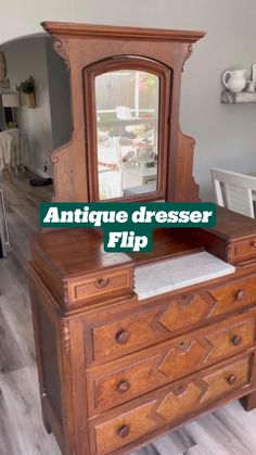 an antique dresser with a flip top mirror on it's side and the words antique dresser