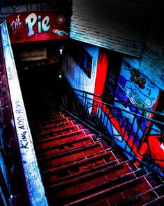 the stairs are painted red and blue