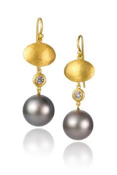 Gold, Pearl & Stone Earrings - These earrings display 14mm round, high luster Tahitian Pearls nested under a 22k oval dome and 0.20 carat diamond.  Comfortable to wear, these earrings are understated luxury. Each pair of pearl earrings will vary slightly due to their organic nature. Gold ear wires. Pearl Diamond Earrings, Tahitian Pearl Pendant, Earrings Display, Organic Nature, Pearl Stone, Understated Luxury, Pearl And Diamond Earrings, Artful Home, Earring Display