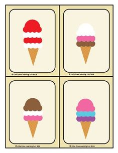 four ice cream cones with different colors on them