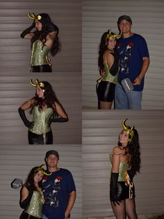 two people dressed up in costumes and posing for pictures with horns on their heads, one woman is hugging the other man's head