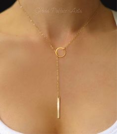 "Dainty and Beautiful Clasp-less Lariat Necklace - Perfect alone or for layering with other necklaces! * Important: See measuring instructions below. - Vertical bar is either 14K gold fill, rose gold fill or 100% sterling silver - Bar measures approx 26mm long - Small circle link is gold vermeil or sterling silver and measures 11mm - Shimmery 14k gold fill, rose gold fill or sterling silver chain - Total necklace length in picture is 20\" - Please see measuring instructions to get the right leng Adjustable Dainty Rose Gold Lariat Necklace, Adjustable Rose Gold Dainty Lariat Necklace, Dainty Adjustable Rose Gold Lariat Necklace, Delicate Rose Gold Lariat Necklace Gift, Adjustable Round Lariat Necklace In Dainty Style, Adjustable Dainty Round Lariat Necklace, Lariat Necklace With Adjustable Length As Gift, Gift Lariat Necklace With Adjustable Length, Adjustable Length Jewelry For Jewelry Making