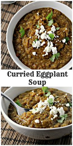 two bowls filled with soup and topped with feta cheese